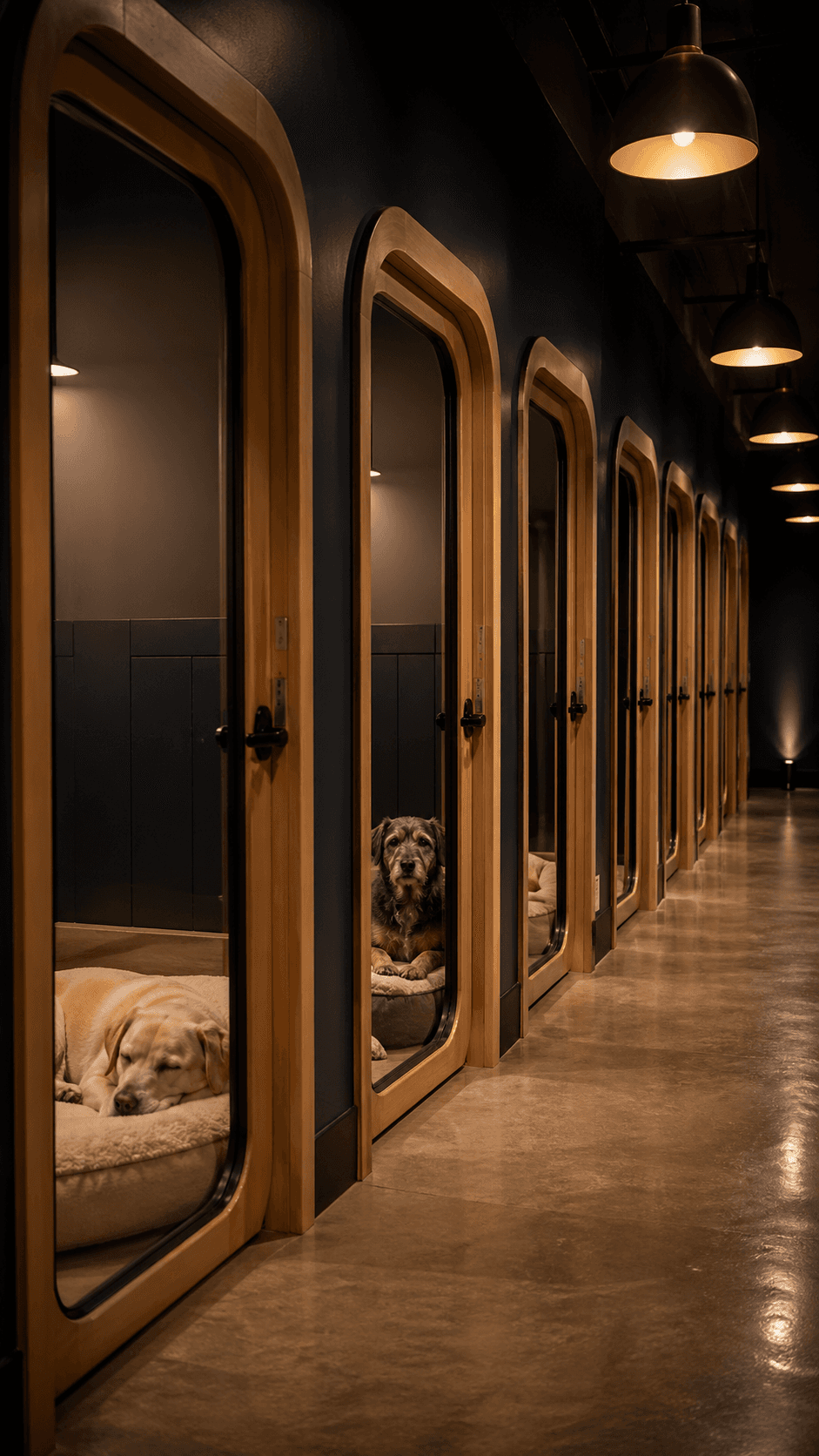 Upscale dog boarding facility hallway with arched suite doors at night