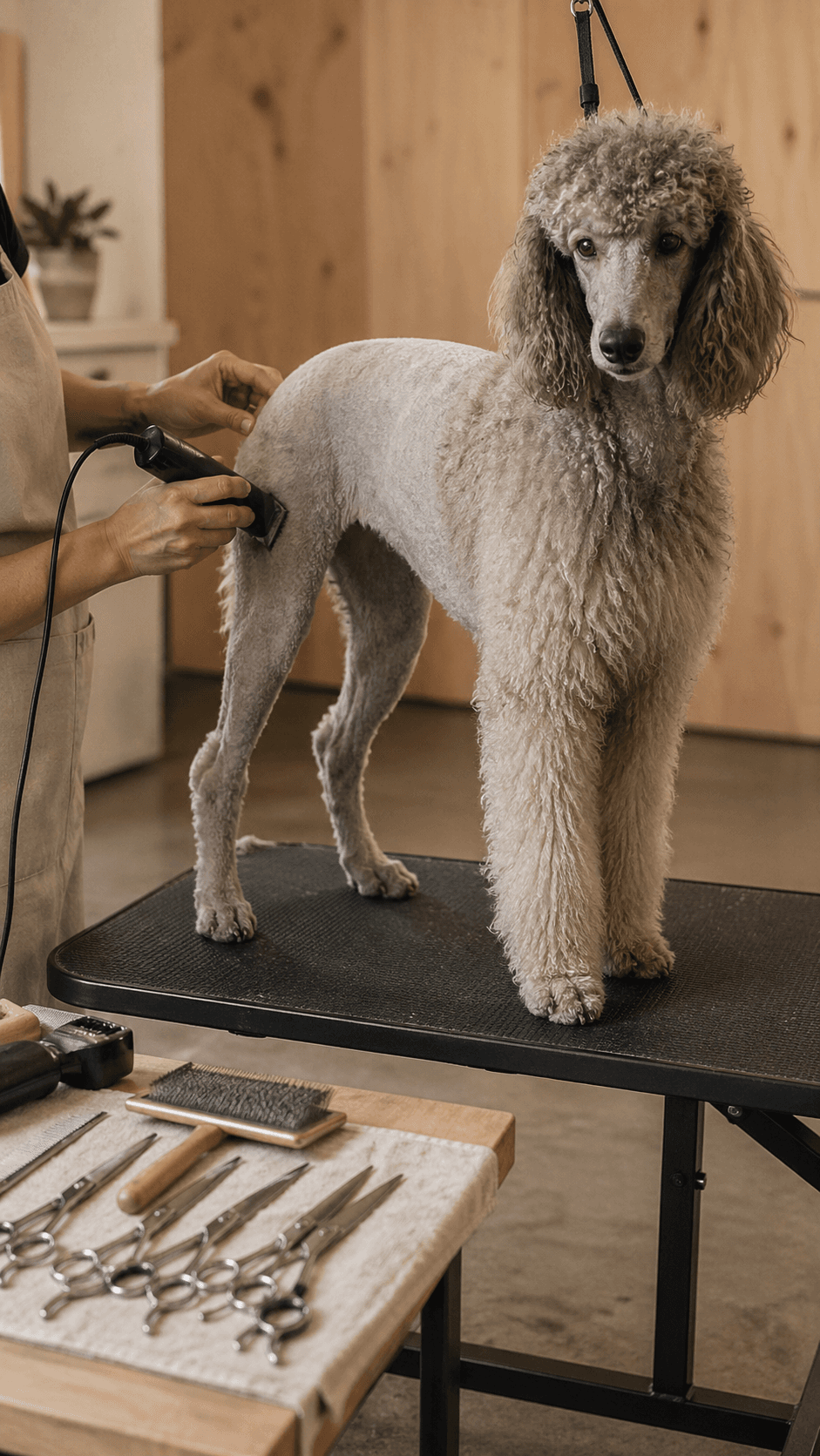 Standard poodle being groomed on a professional grooming table
