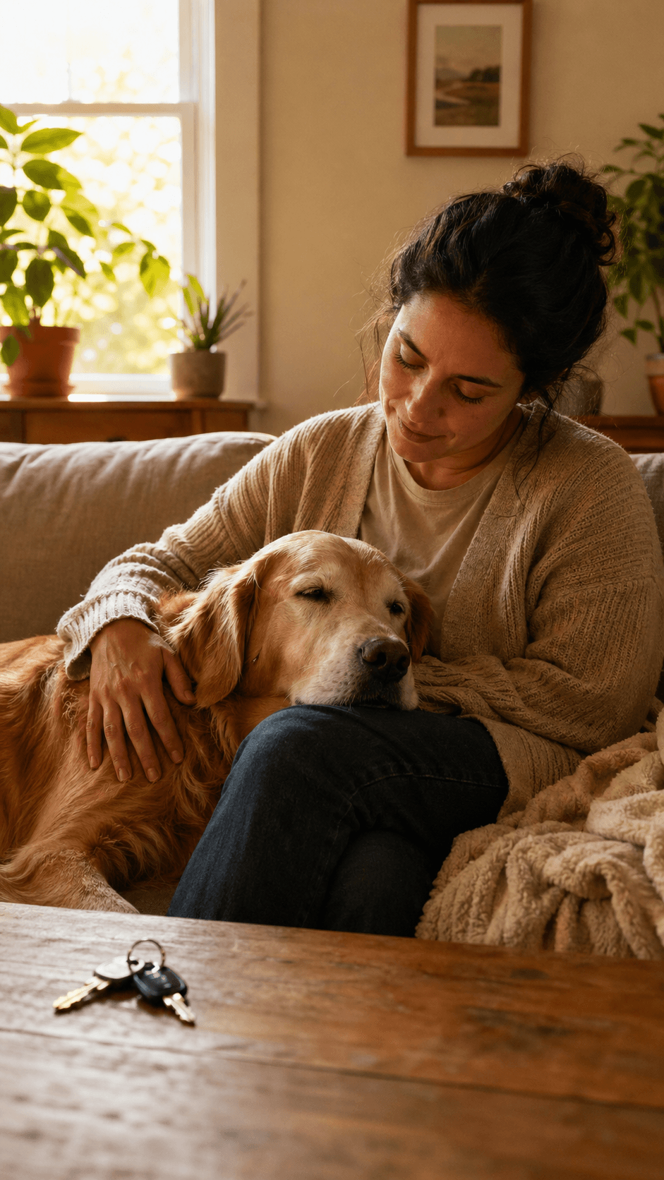 Pet sitter on a sofa with a golden retriever resting in a client's home