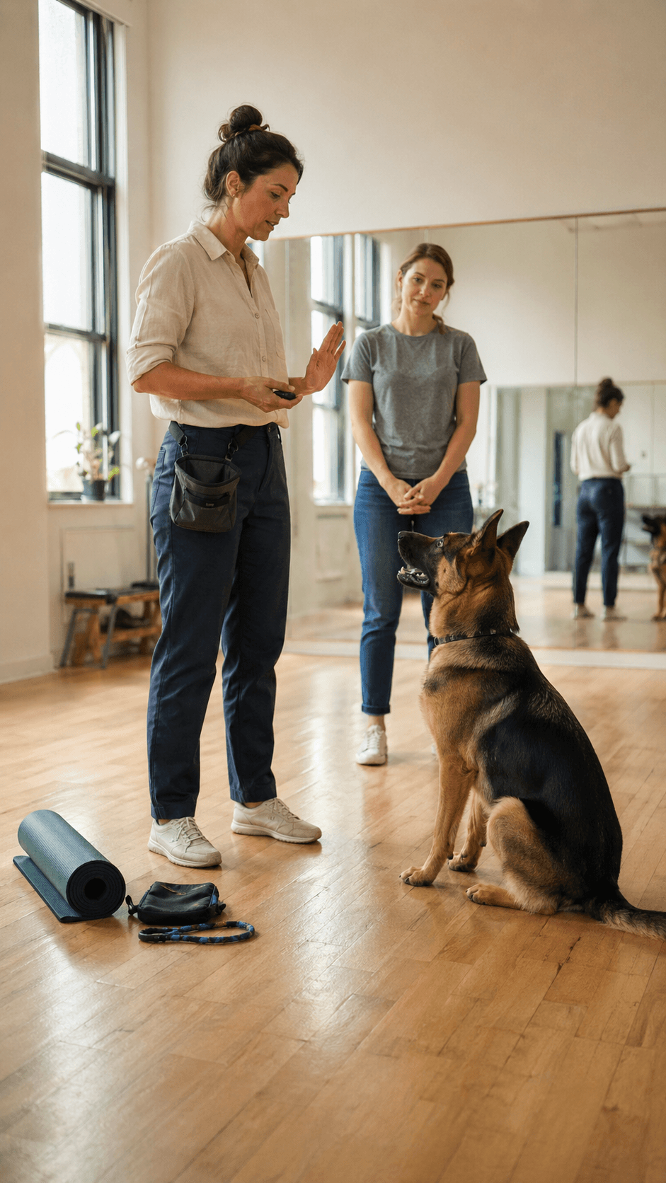 Dog trainer working with a German shepherd and its owner in a training studio