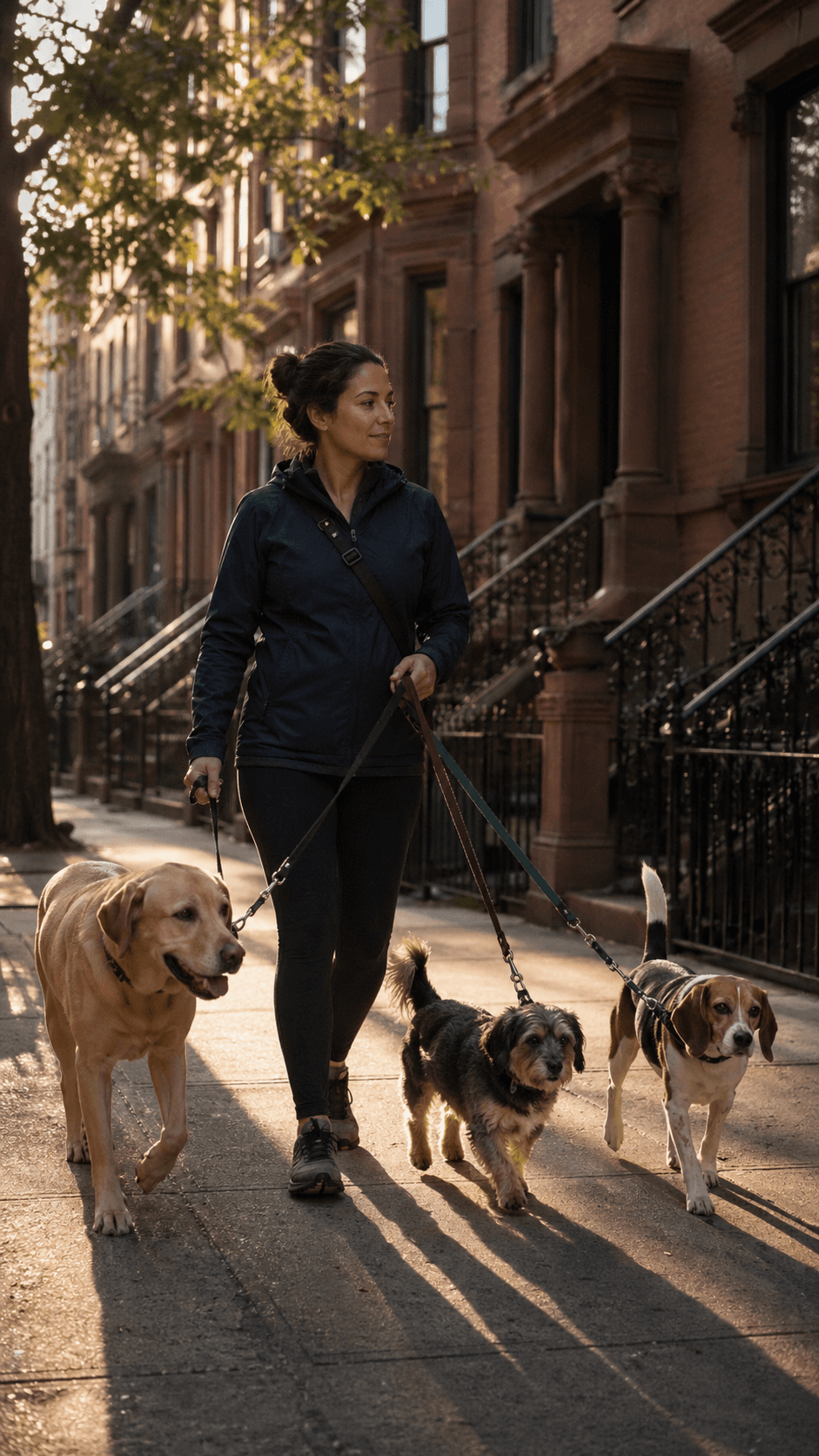 Professional dog walker with three dogs on a New York City brownstone street